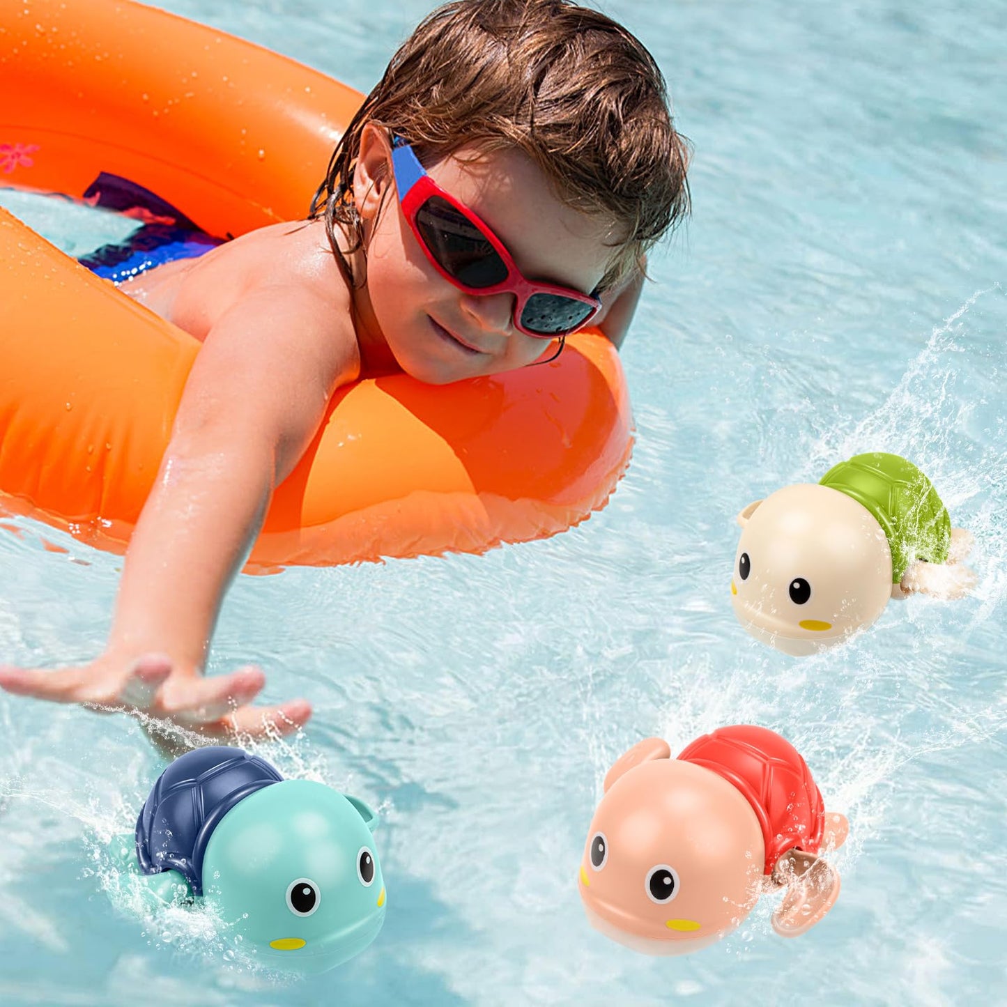 TOHIBEE Swimming Turtle Bath Toys - Blue Plastic Floating Toys for Toddlers 1-3 Years Old, Small Bathtub and Pool Fun