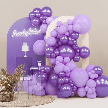 Partywoo Purple Balloons, 142 Pcs Lilac And Metallic Purple Balloons Different Sizes Pack Of 18 Inch 12 Inch 10 Inch 5 Inch For Balloon Garland Balloon Arch As Birthday Decorations, Party Decorations