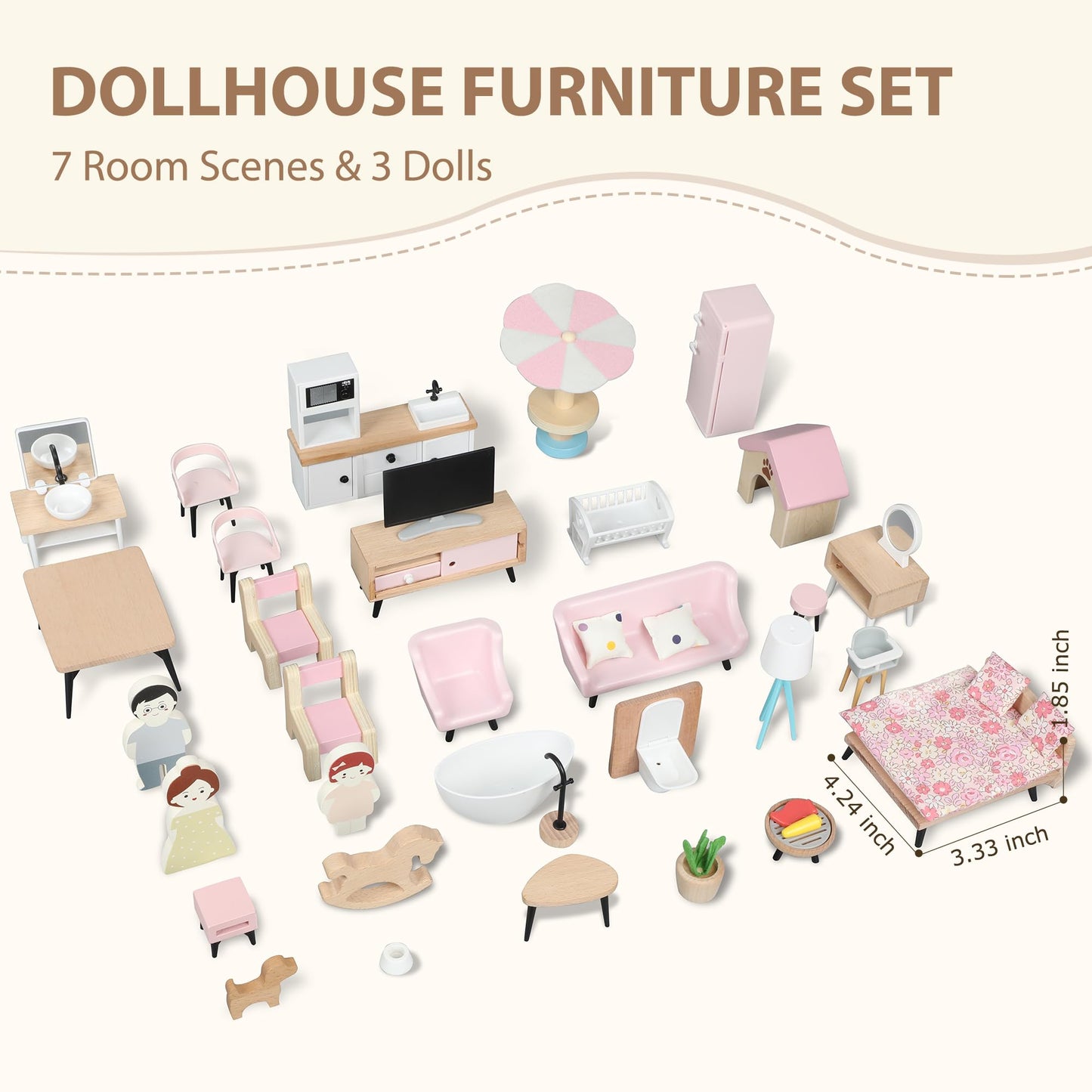 Pithfor Wooden Dollhouse Furniture Set, Dollhouse Accessories And Furniture, With 7 Rooms 3 Dolls, Includes Patio Set & Dog Set,