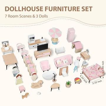 Pithfor Wooden Dollhouse Furniture Set, Dollhouse Accessories And Furniture, With 7 Rooms 3 Dolls, Includes Patio Set & Dog Set,