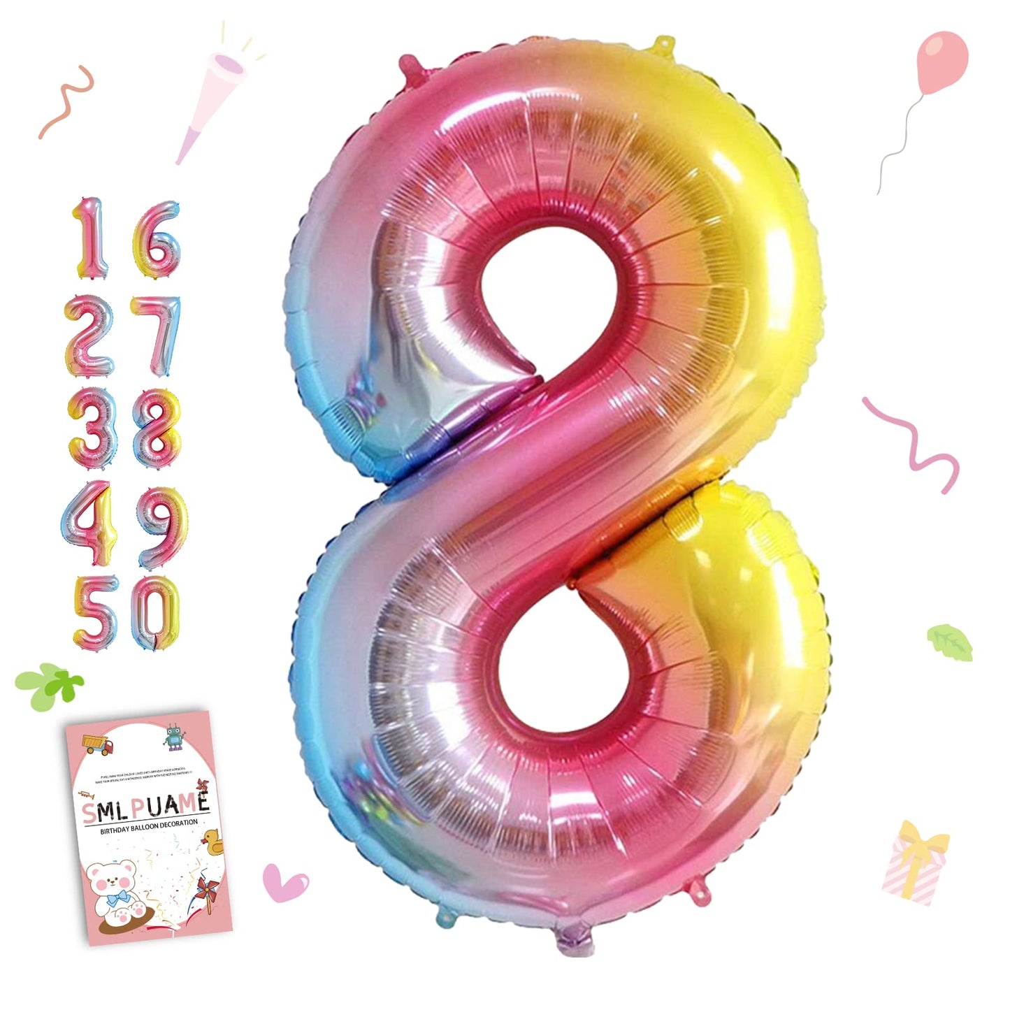 Smlpuame 40 Inch Number Balloons 0-9 Rainbow Gradient Large Number 8 Balloons, Digital Balloons For Birthday Party Celebration D