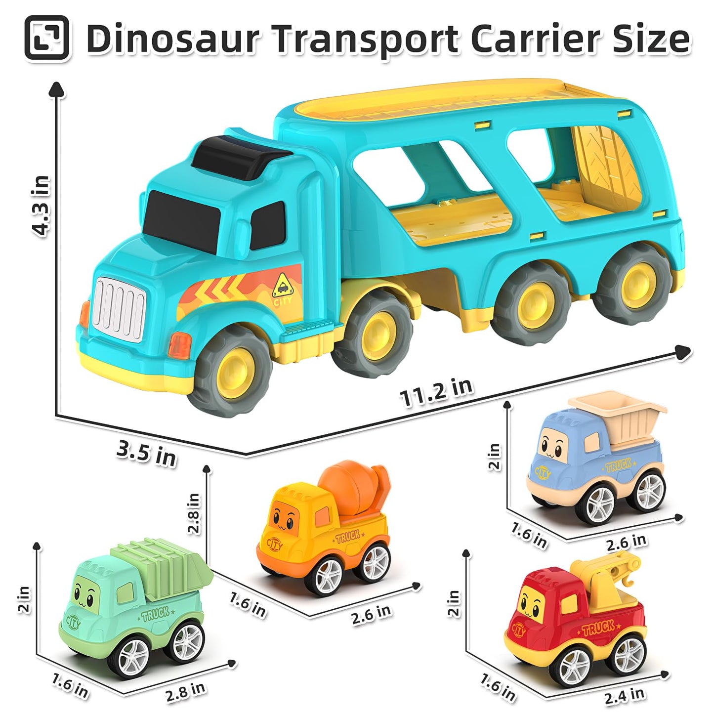 Toddler Car Toys for 3 4 5 Years Old Construction Transport Truck with 4 Pack Small Pull Back Construction Vehicles Friction Pow