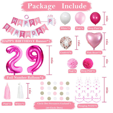 Sweet 29Th Birthday Decorations For Women, Pink And White 29 Happy Birthday Balloons, 29Th Birthday Party Supplies Including Pin