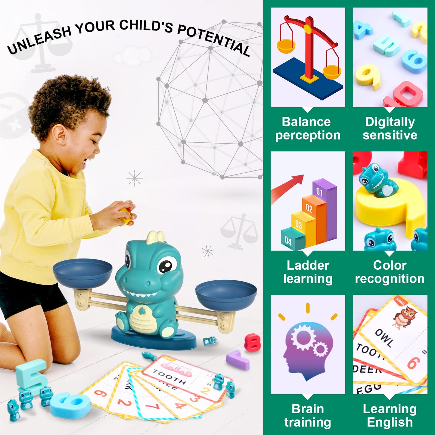 Kaodezhu Dinosaur Math Balance Toys - Montessori Toys For 3 Years Old Kids, Learning And Educational Toys For Boys And Girls - B