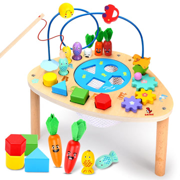 Oathx Activity Table For 1+ Year Old, 6 In 1 Wooden Montessori Activity Center Play Table With Bead Maze Shape Sorter Fishing Game, Kids Sensory Educational Toddler Learning Toys 1St Birthday Gifts