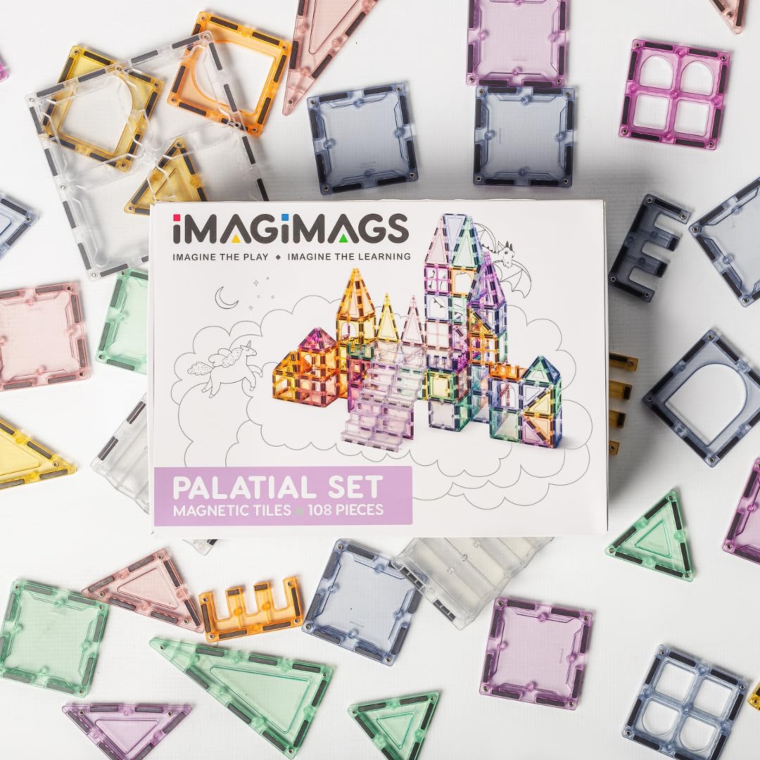 Imagimags Magnetic Building Tiles; 108 Piece Palatial Set For Boys, Girls And Kids; Pastel Magnetic Building Tiles; Activity; Bu