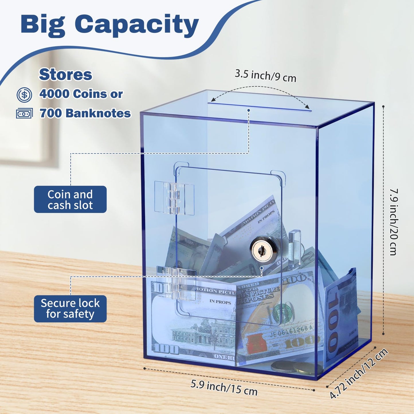 Imeepa Clear Acrylic Piggy Bank With Lock And Key For Kids Adults, Openable Money Saving Box For Cash Coins Real Money (Blue)