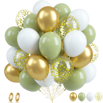 Biapian Green Gold Balloons Set, 60Pcs Sage Green White Balloons, 12Inch White Gold Confetti Balloons Metallic Gold Green Latex