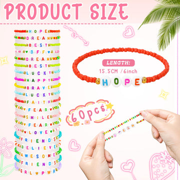 Yesaior 60 Pcs Colorful Friendship Bracelet, Stackable Elastic Cute Beaded Bracelets Preppy Bracelets Bulk Set For Women Gift (C