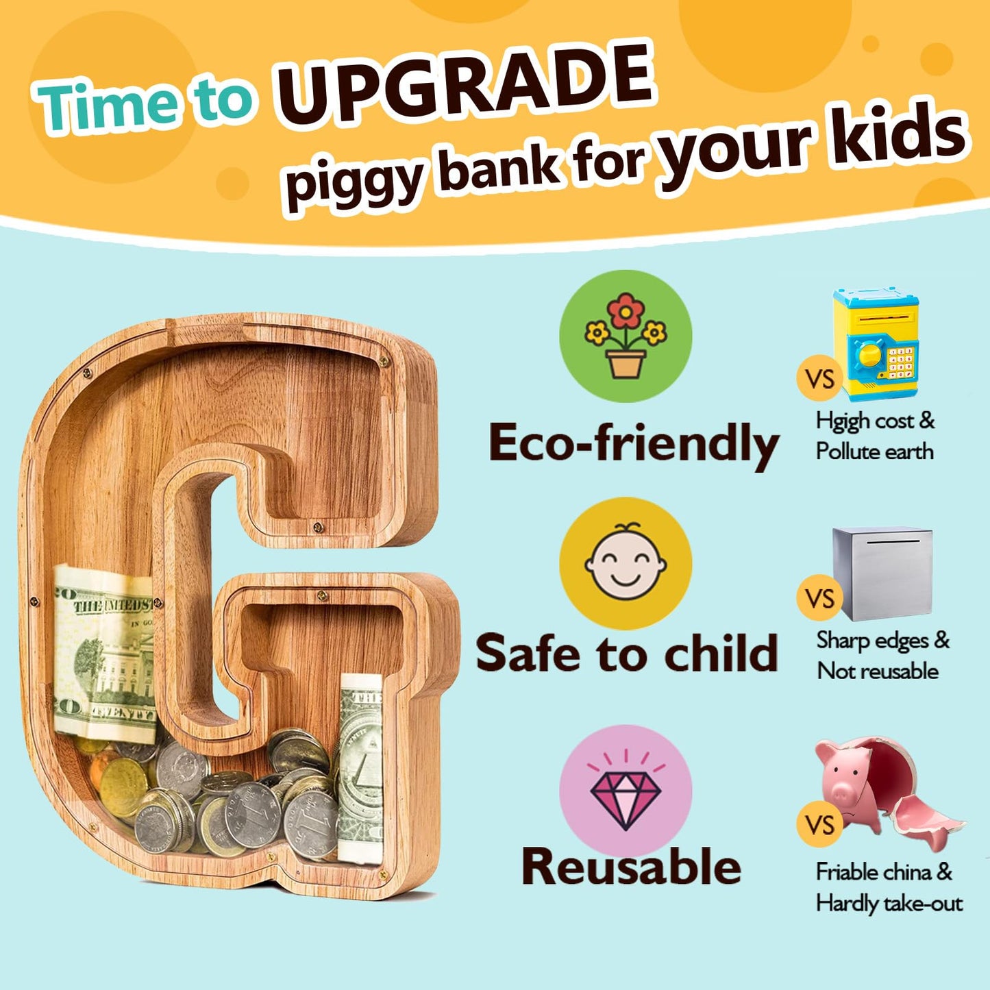SummiDate Wooden Letter Piggy Bank| Piggy Bank for Boys Girls Toddler| Alphabet G Money Bank| Coin Bank Birthday Gift for Kids|Birthday Gift for Kids (G)