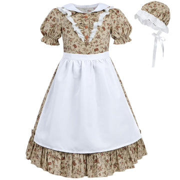 Fccam Colonial Costume Girls With Mob Cap Floral Pioneer Prairie Dress 1800S American Costume Brown Xl Age Over 4 Years Old