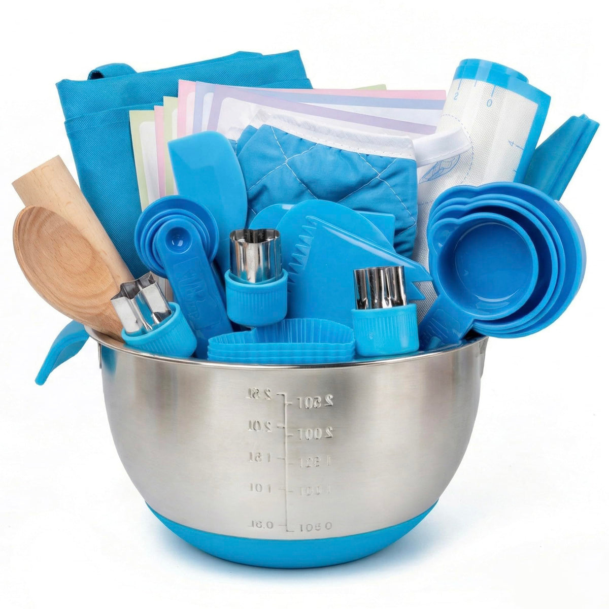 Kids Baking Set with Real Cooking Utensils and Measuring Tools (Blue)