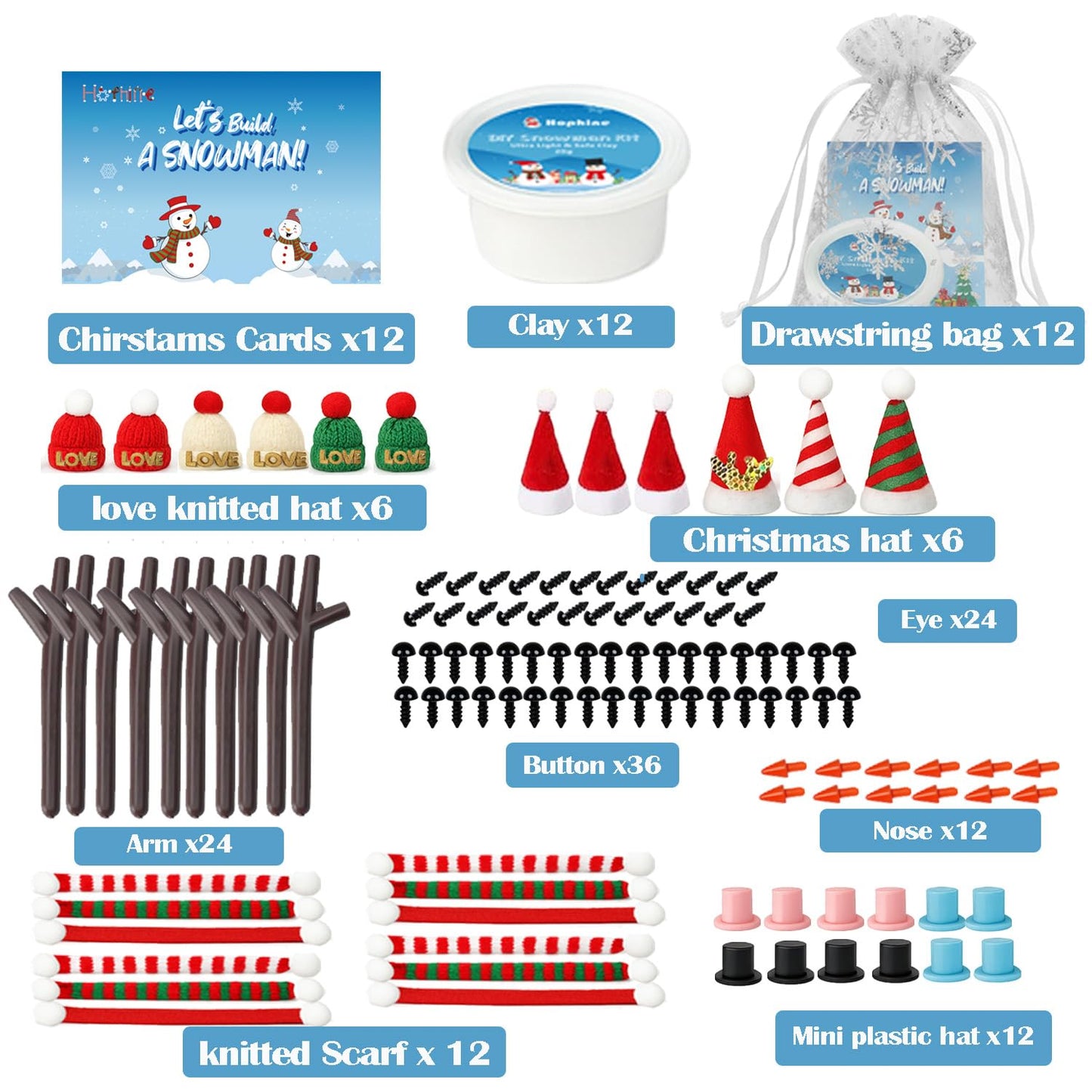 Hophine 12Pack Build a Snowman Kit, Molding Clay Snowman Kit, Christmas DIY Crafts for Kids, Perfect for Winter Holiday Parties,