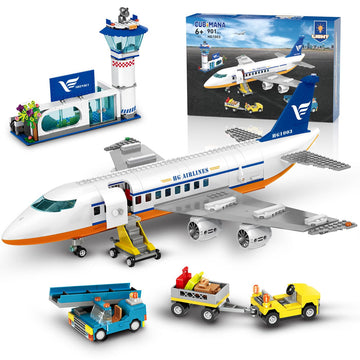 Cubimana Large City Passenger Airplane Building Toys With Led Light, 21 Inches Plane Building Sets With 2Pcs Luggage Trucks, Ter
