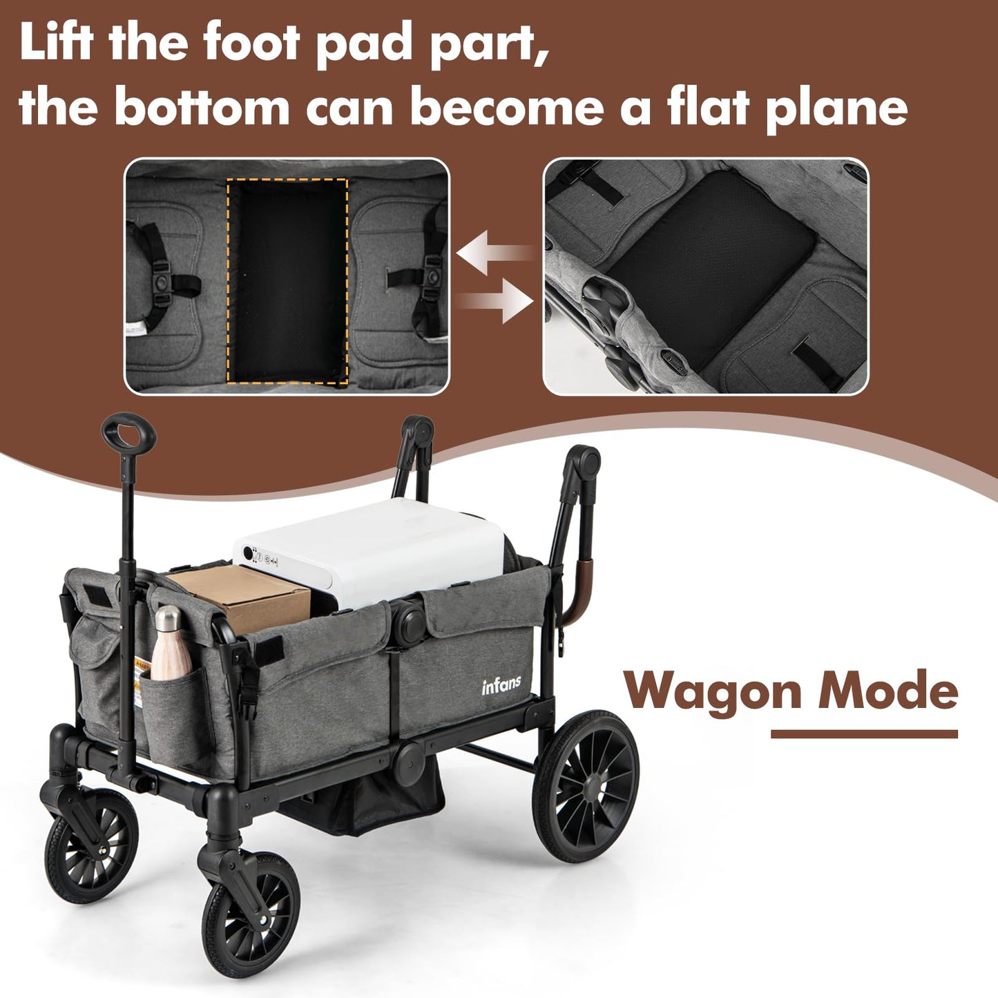 INFANS Wagon Stroller for 2 Kids, Collapsible Adjustable Push Pull Handle Bar, 2 Seater Stroller Wagon with Removable Canopy Sna