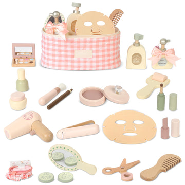 Pithfor Wooden Makeup Toy Set, Pretend Play Makeup Set for Kids Toddlers, Play Beauty Makeup Kit for Girls 3 4 5 6 7 Year Old