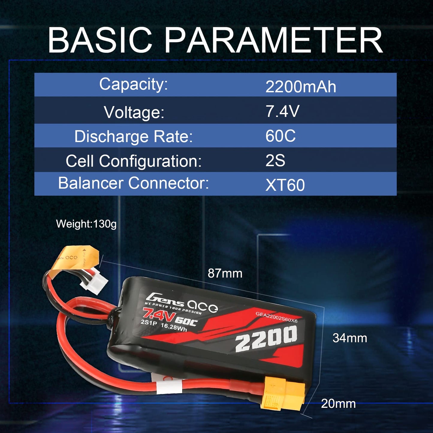 Gens ace 2S Lipo Battery 7.4V 60C 2200mAh Lipo Battery with XT60 Plug