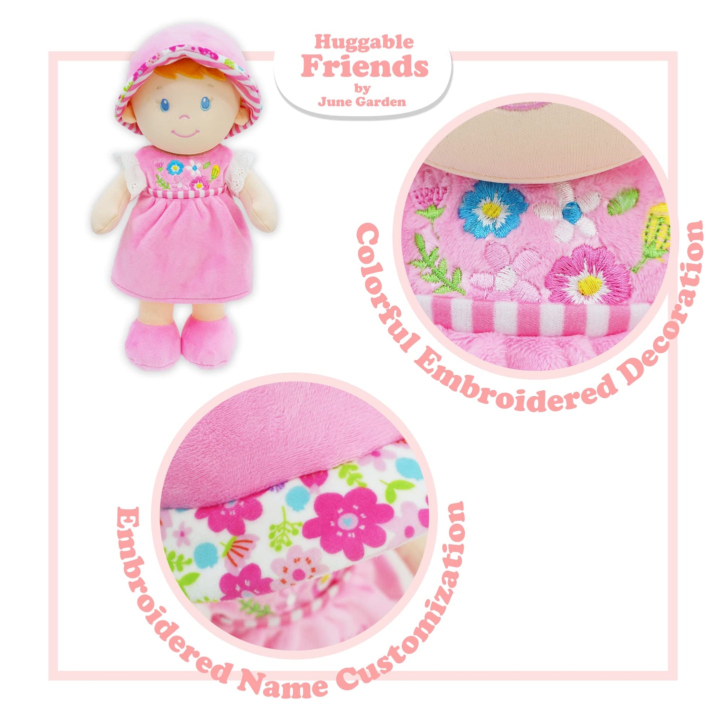 June Garden 12" Soft Dolly Emilia - Plush Stuffed Baby Doll Gift for Girls - Pink Dress, Model JGD21015