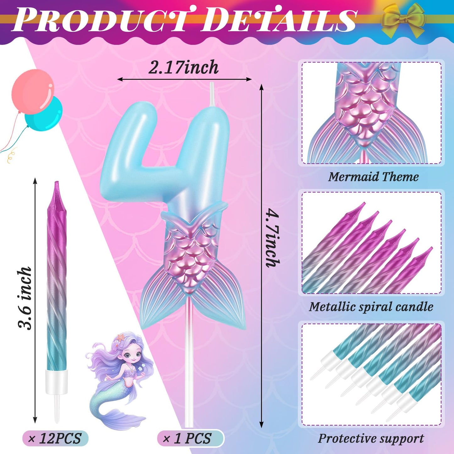MTLEE 13 Pcs Birthday Candles Set 1 Mermaid Birthday Candle with 12 Pcs Rainbow Spiral Candles Mermaid Cake Toppers Mermaid Birt