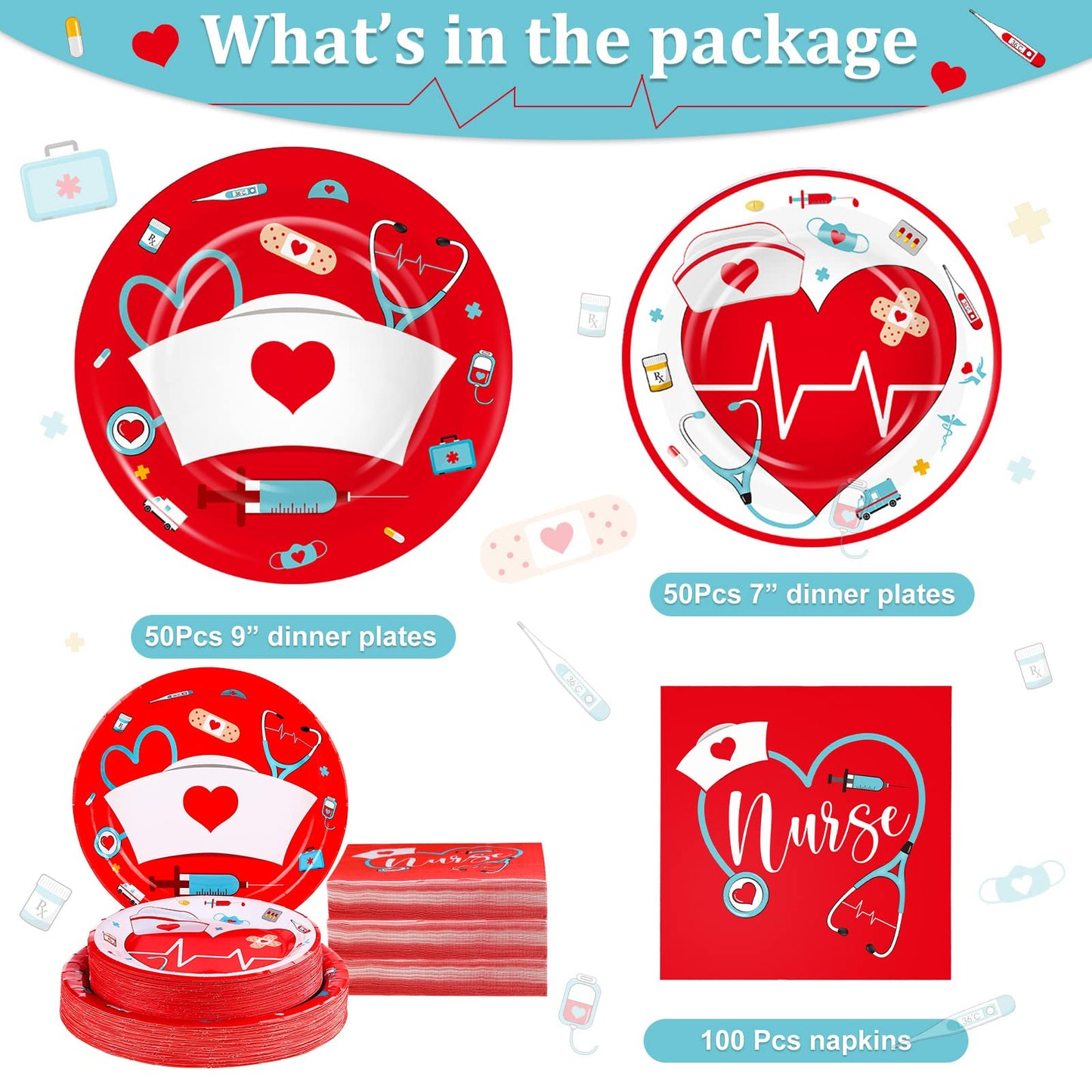 200 Pcs Graduation Nurse Party Decorations Doctor Nurse Week Party Plates Include 9 Inch 7 Inch Paper Disposable Plates Lunch Na