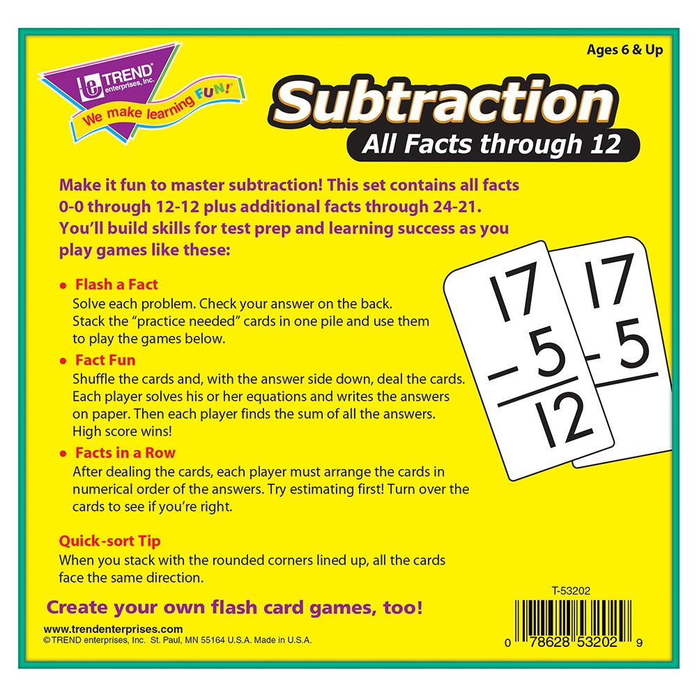 Trend Enterprises: Subtraction All Facts Through 12 Skill Drill Flash Cards, Great For Skill Building And Test Prep, Self-Checki