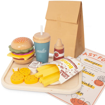 WOODENFUN Pretend Play Food Set for Kids,Wooden Fast Food Playset with Tray Hamburger Cola Fries Combo,Play Kitchen Accessories 