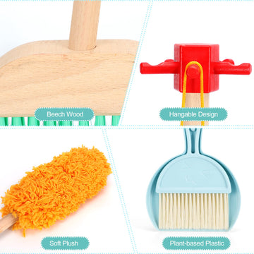 Whoholl Kid Cleaning Set, Wooden Toddler Broom Set For Housekeeping, 9 Pcs Kids Broom And Mop Set For Toddlers, Baby Cleaning To