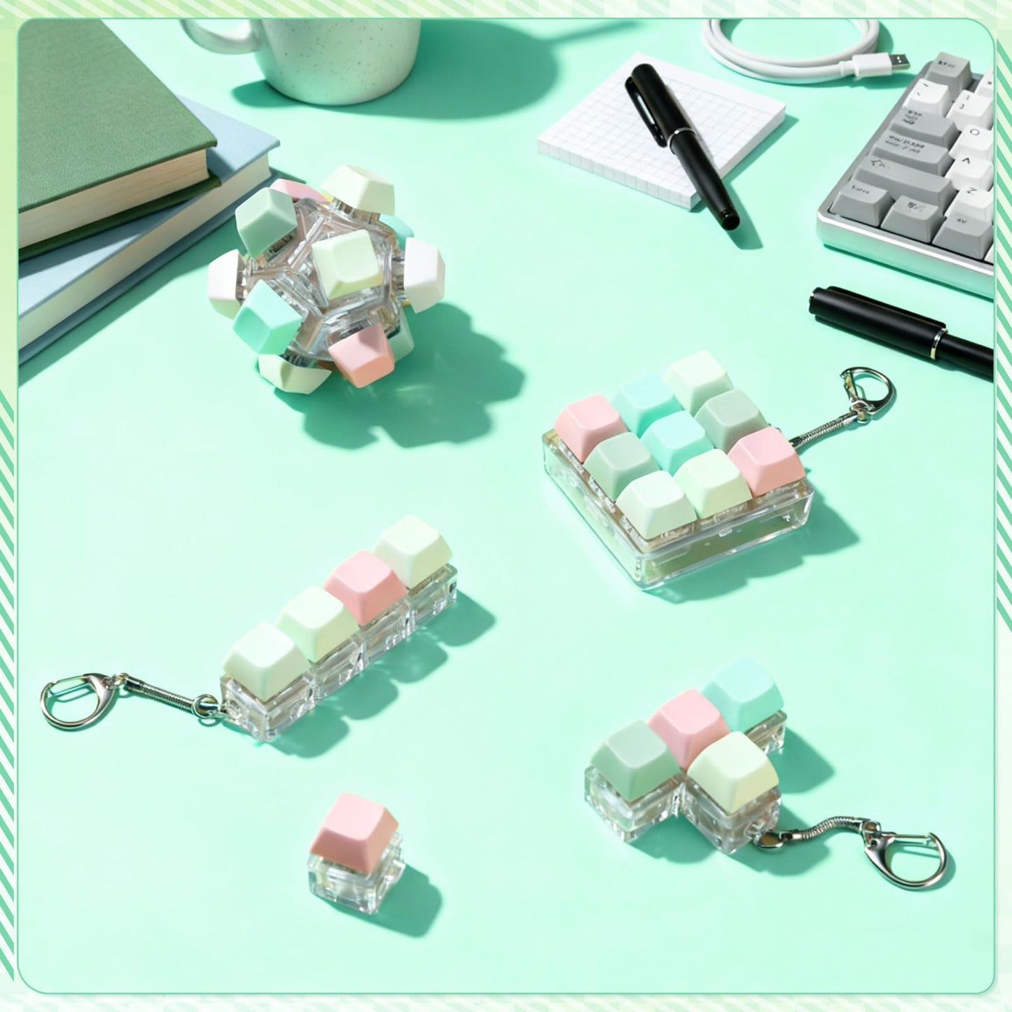 Halloscume 5 Pcs Keyboard mature-themed Fidget Toy Clicker Toy in 5 Styles Keyboard Fidget Keychain Cube Mechanical Key Button Clicker Stress Relief Gift for Office Home Pass Time(Fresh Color)