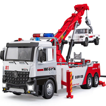 HAPYAD Tow Truck Toy for Boys, Metal Tow Truck with Crane Toy Model, Construction Vehicles with Lights and Sounds, Gift for Kids