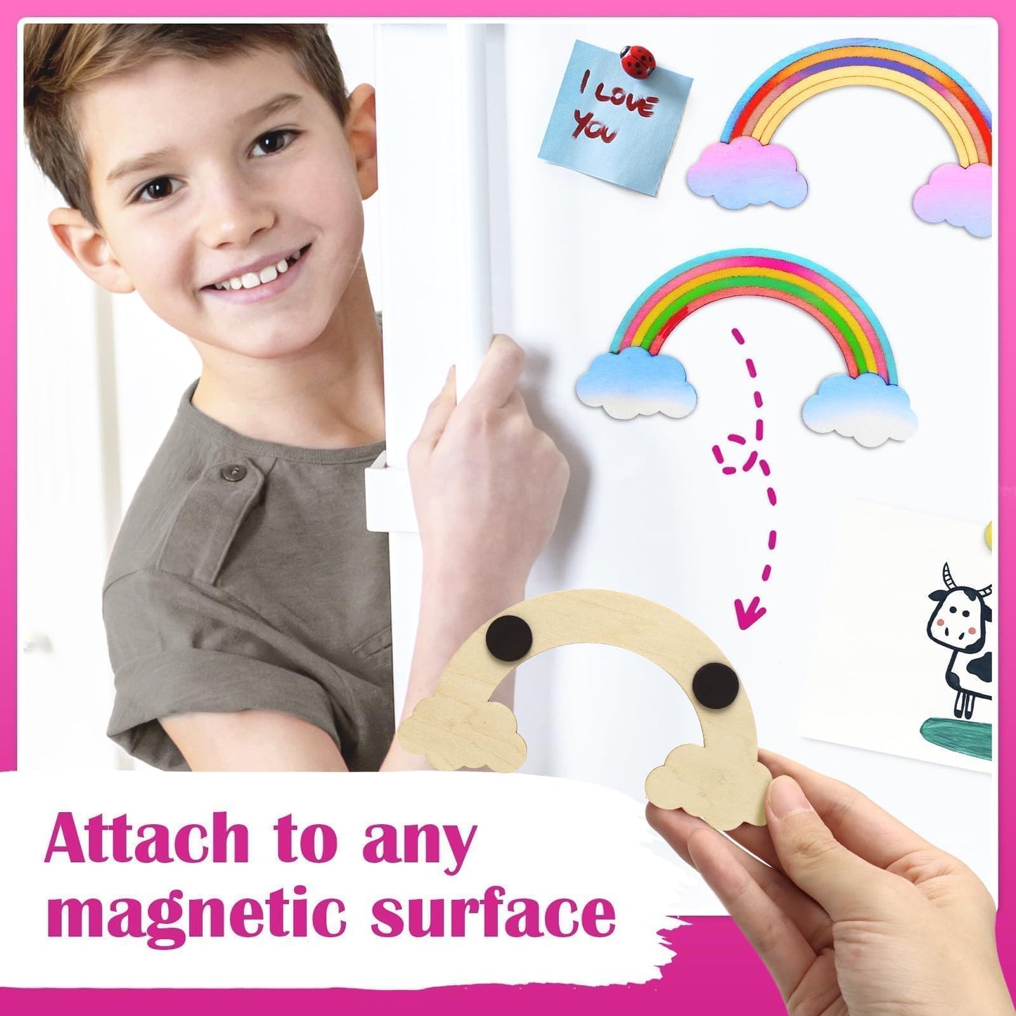 BOIKOKY 12 Pack Rainbow Party Favors for Kids, Wooden Cutouts with Magnets, Painting Kits, Colorful Gifts