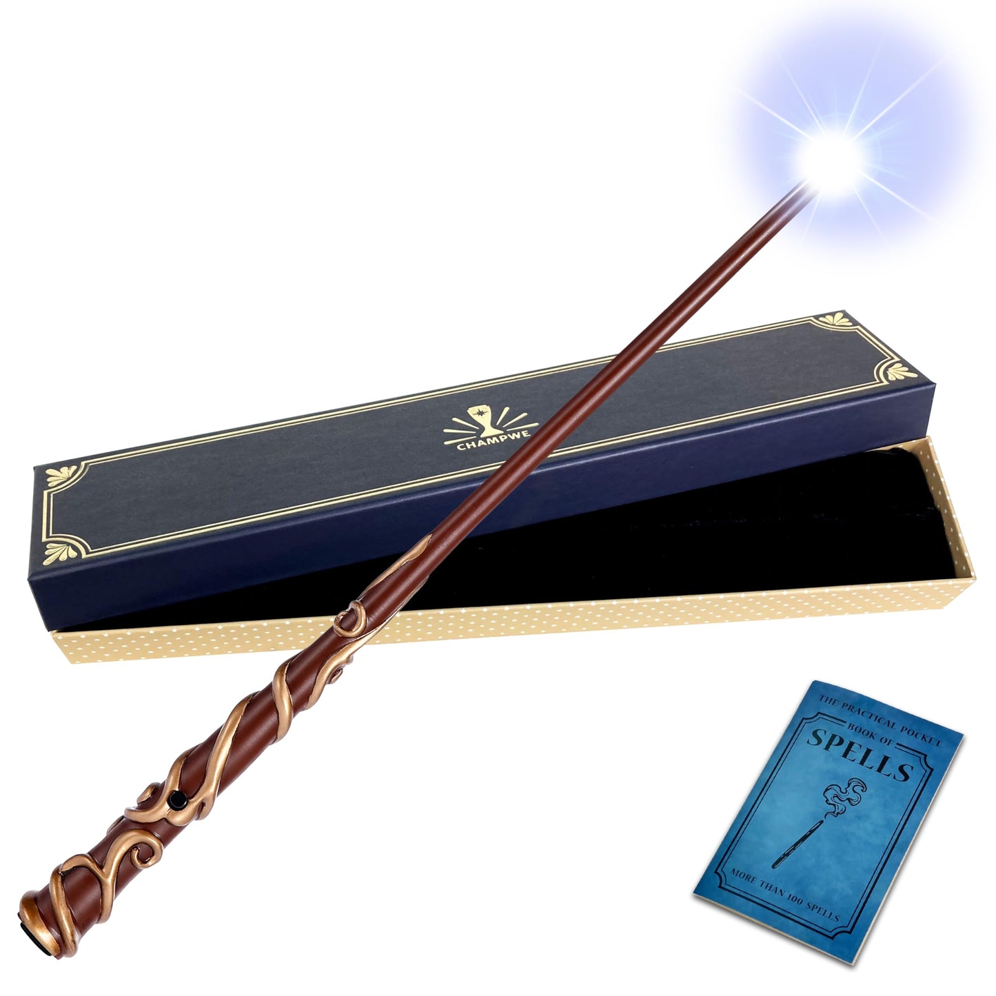Champwe Light Up Magic Wizard Wand Rechargeable Illuminating Toy For Kids Witch Collection Cosplay Accessories With Spellbook And Gift Box (Vine)