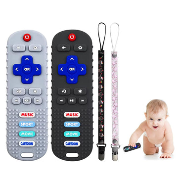 2-Pack Baby Remote Control Teether Toy For Babies 6-36 Months Silicone Baby Teething Toys Boys Girls Baby Teething Toys (Black + Gray)