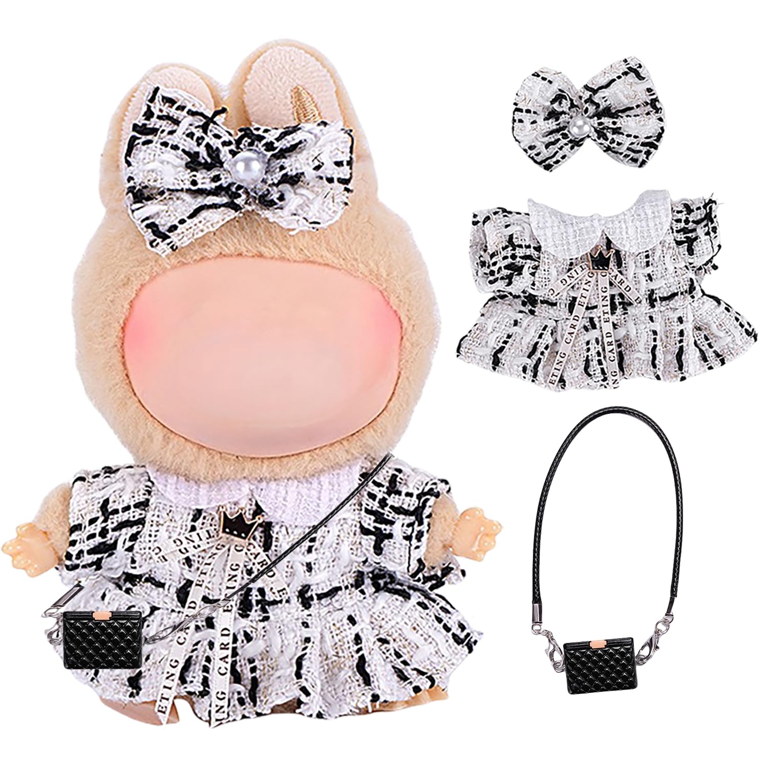 Handcrafted Doll Clothes Set for 15cm/17cm Dolls (No Doll)  Cute and enhanced Outfits Accessories  Stylish Clothes for Birthday Girls Boys Collectors (Black/White Dress + Bow + Bag) AK061GY