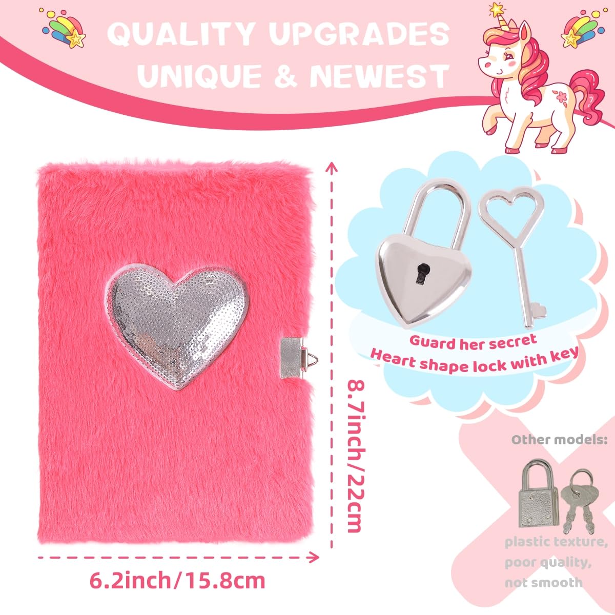 Prinbarbee Heart Diary For Girls With Lock And Keys, Cute Plush Diary Secret Diary, Writing Journal Lined Pages Notebook Sequine