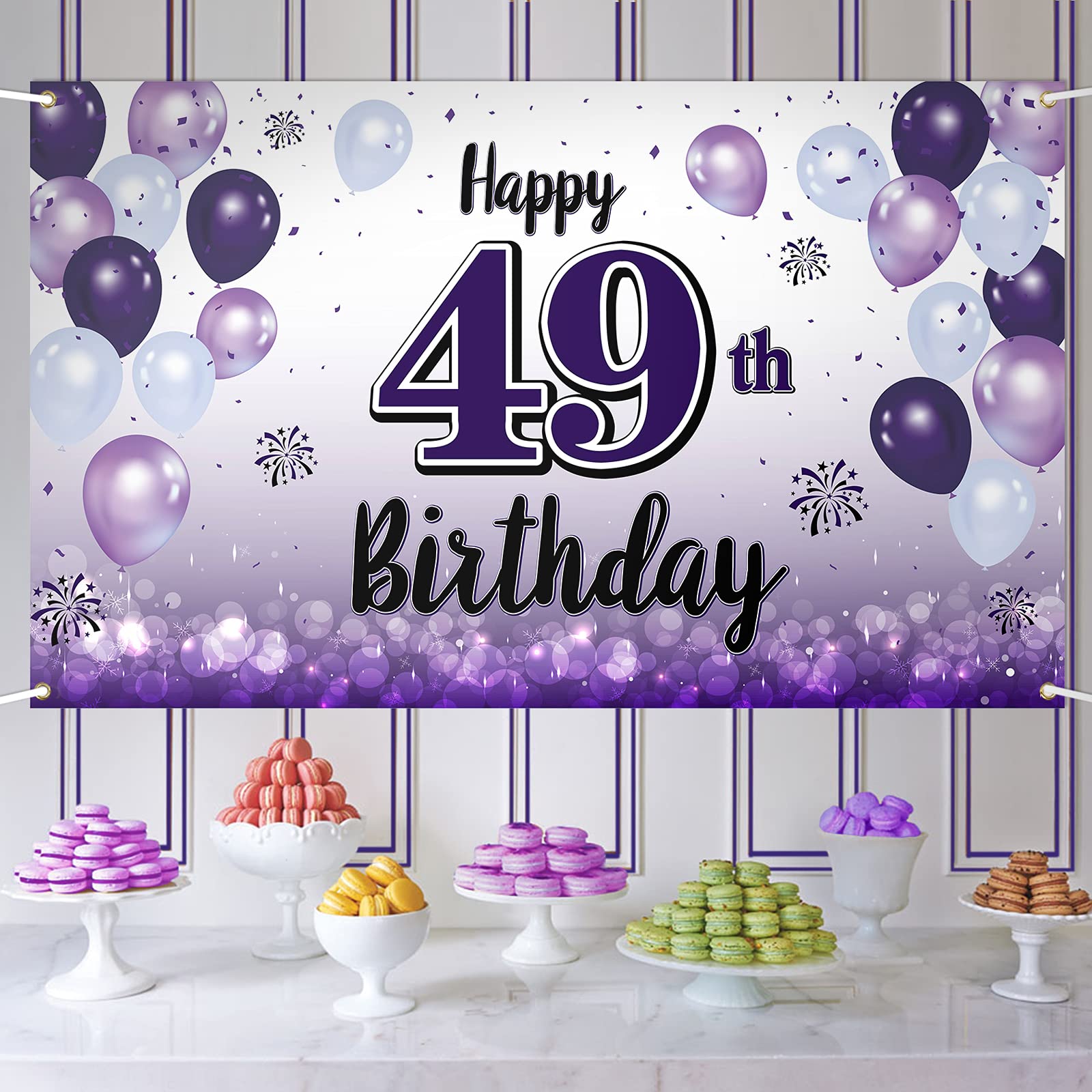 LASKYER Happy 49th Birthday Decorations,49th Purple Balloon Large Birthday Banner Backdrop Sign,49 Years Old Bday Party Supplies