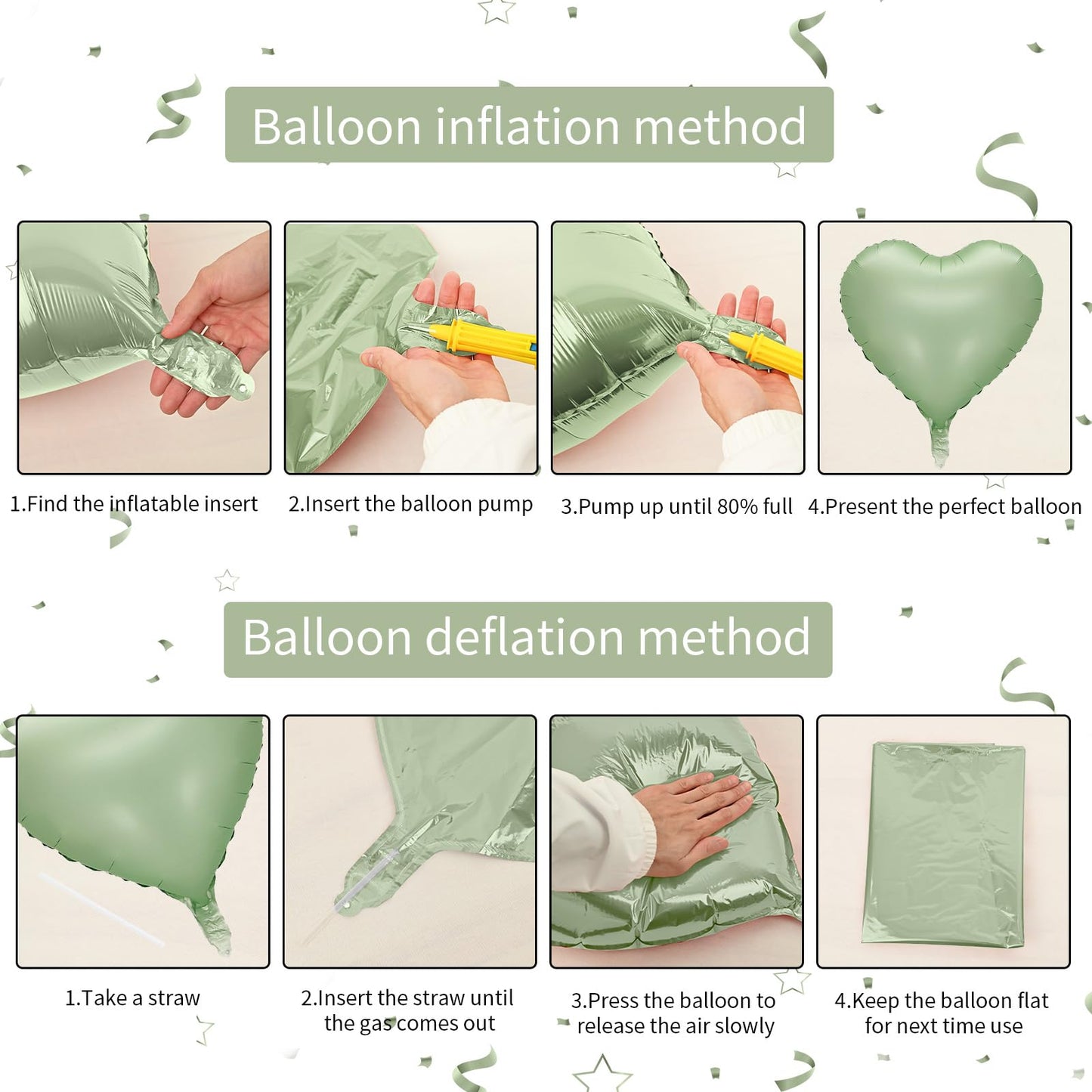 Sage Green White Heart Balloons, 10Pcs Green Beige Foil Heart Balloons, 18Inch Olive Green Cream White Heart Shape Balloons For