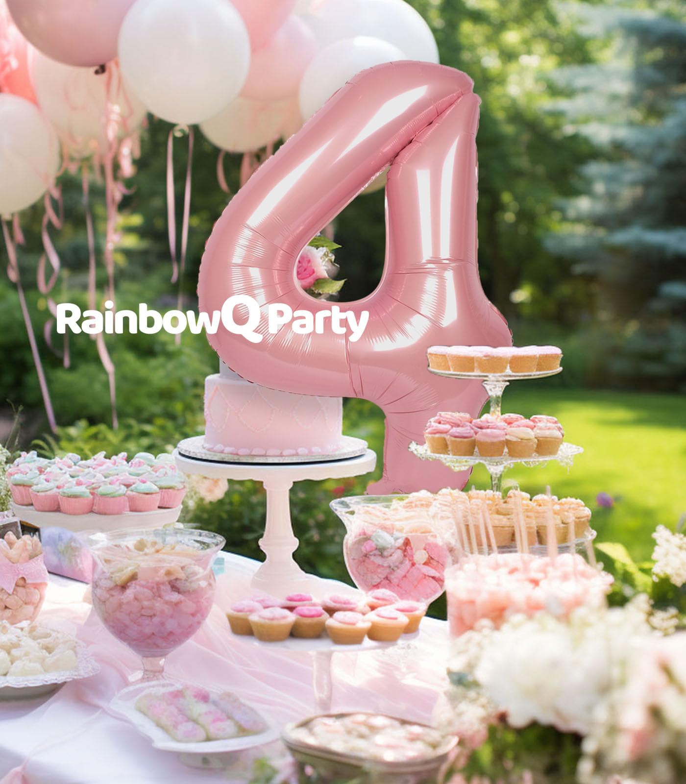 Rainbowq Party 4 Balloon Number 40 Inch For Boy Or Girl Big Pink 0-9 Foil Mylar Large 4 Number Balloon Happy 4Th Birthday Party