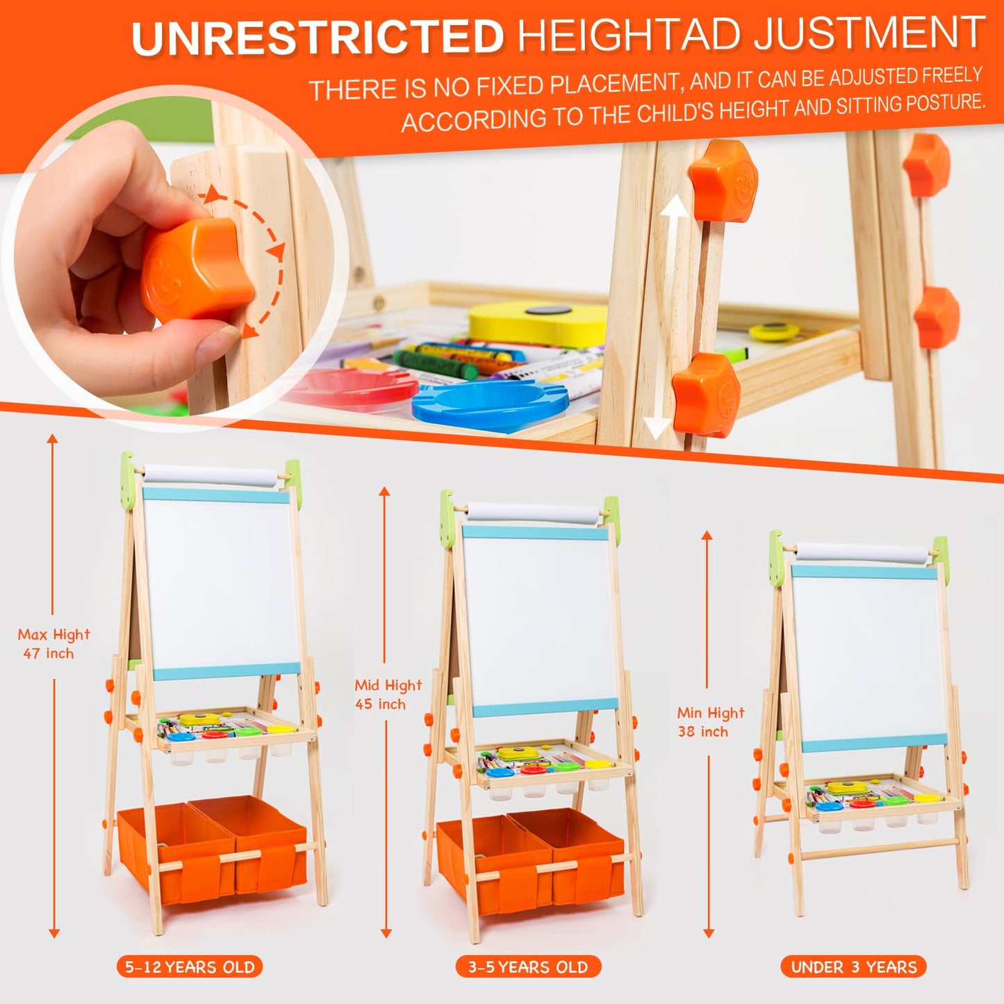 Kids Easel Including 100+ Accessories, Rundad Double Sided Wooden Easel for Kids Age 3-8 with Magnetic Chalkboard & Painting Boa