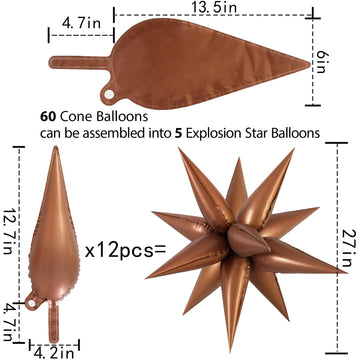60 Pcs Chocolate Color Star Balloons Foil Starburst Balloons Explosion 12 Point Cone Balloons Large For Wedding Anniversary Back