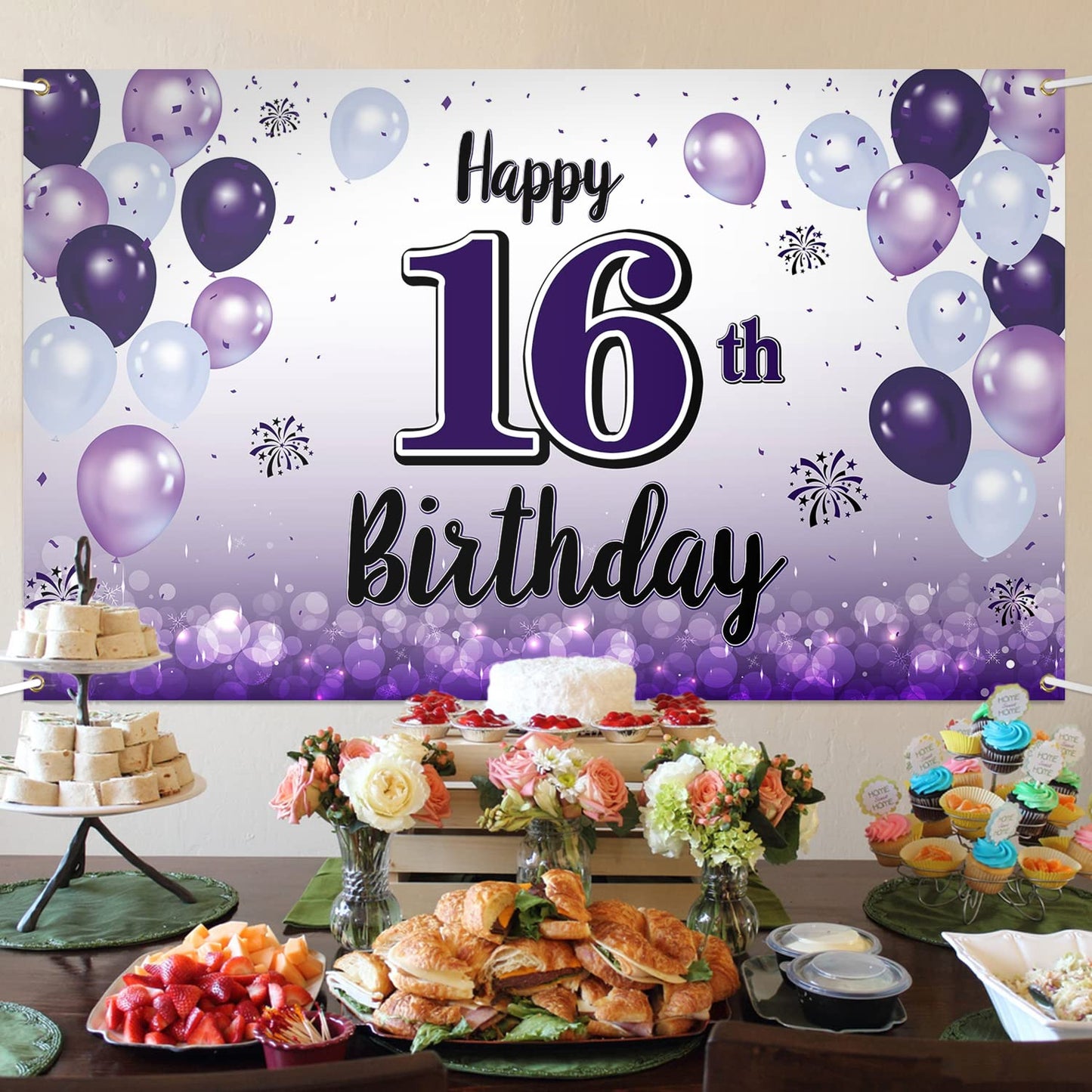LASKYER Happy 16th Birthday Decorations,16th Purple Balloon Large Birthday Banner Backdrop Sign,Cheers to Sixteen Years Old Bday