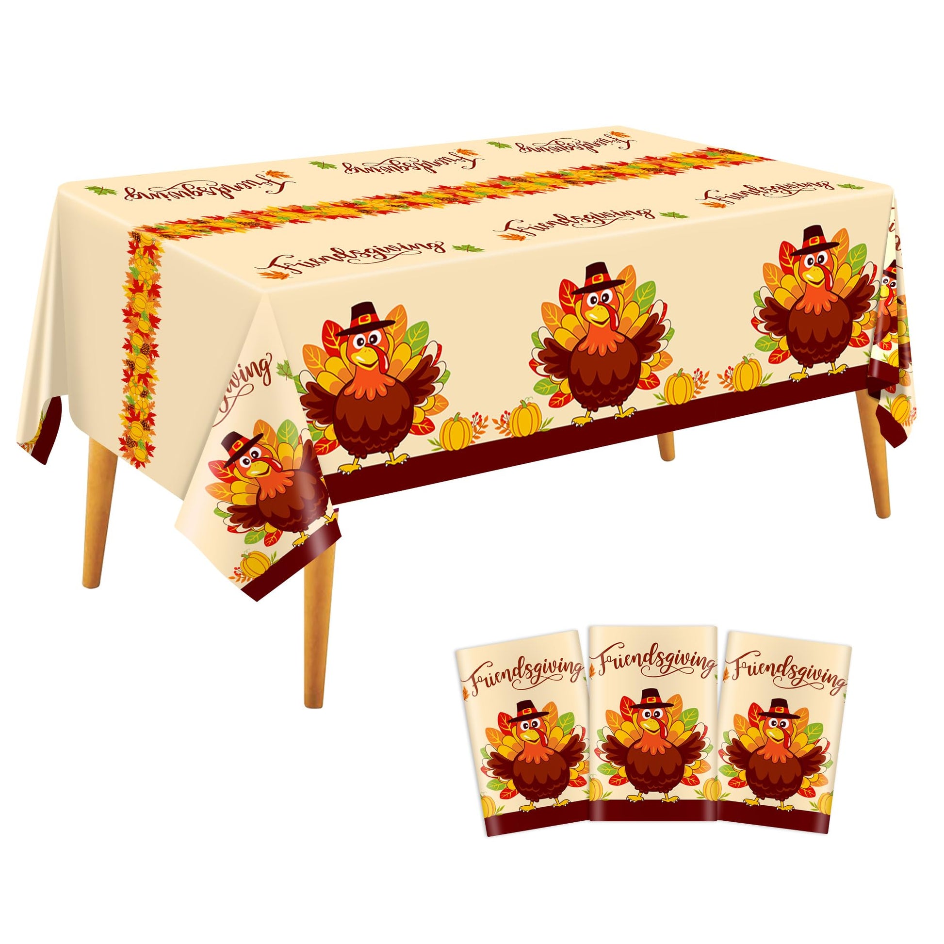 Siawoy 3 Pack Plastic Thanksgiving Tablecloth Disposable,Rectangle Turkey Tablecloth,Vinyl Large Friendsgiving Table Cover for F