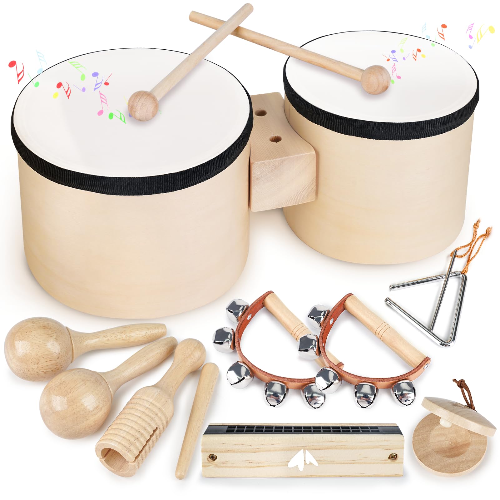 Drum Set For Toddlers 1-3, Wooden Musical Instruments Toys For 1 Year Old Girls Gifts, Montessori Toys For Babies 6-12-18 Months With Bongo Drum, One First Christmas Birthday Gifts For Boys Age 2-4