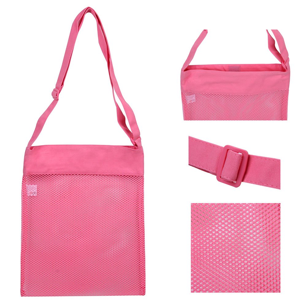 Colorful Mesh Beach Bags 11.4 x 13.7inch Breathable Sea Shell Bags with Adjustable Carrying Straps (4 PC Set) [Blue, Pink, Green