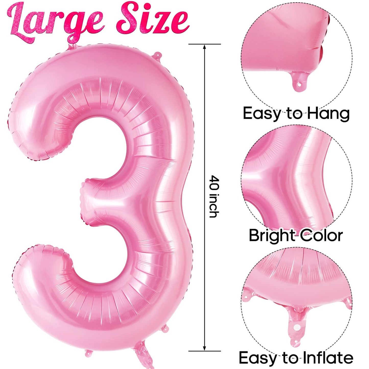 Pink Number 3 Balloon 40 Inch, Big Large Foil Helium Number Balloons, Jumbo Giant Mylar Number 3 Balloons For 3 Third Birthday P