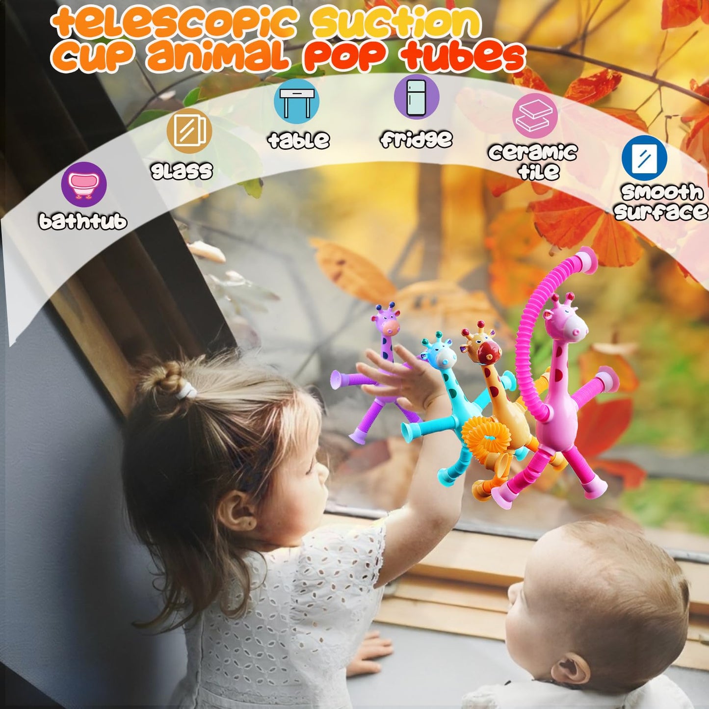 Jazoxdmr Light Up Pop Tubes Telescopic Suction Cup Giraffe Toys,Toddler Travel Toys,Animal Fidget Toys Sensory Toys For Kids Wit