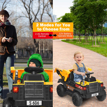 Costzon Ride On Car, 12V Ride On Dump Truck W/Remote Control, Electric Dump Bed, Music, Horn, Usb, Aux, Treaded Tires, Shovel, 3 Speeds, Battery Powered Construction Vehicle, Electric Car For Kids