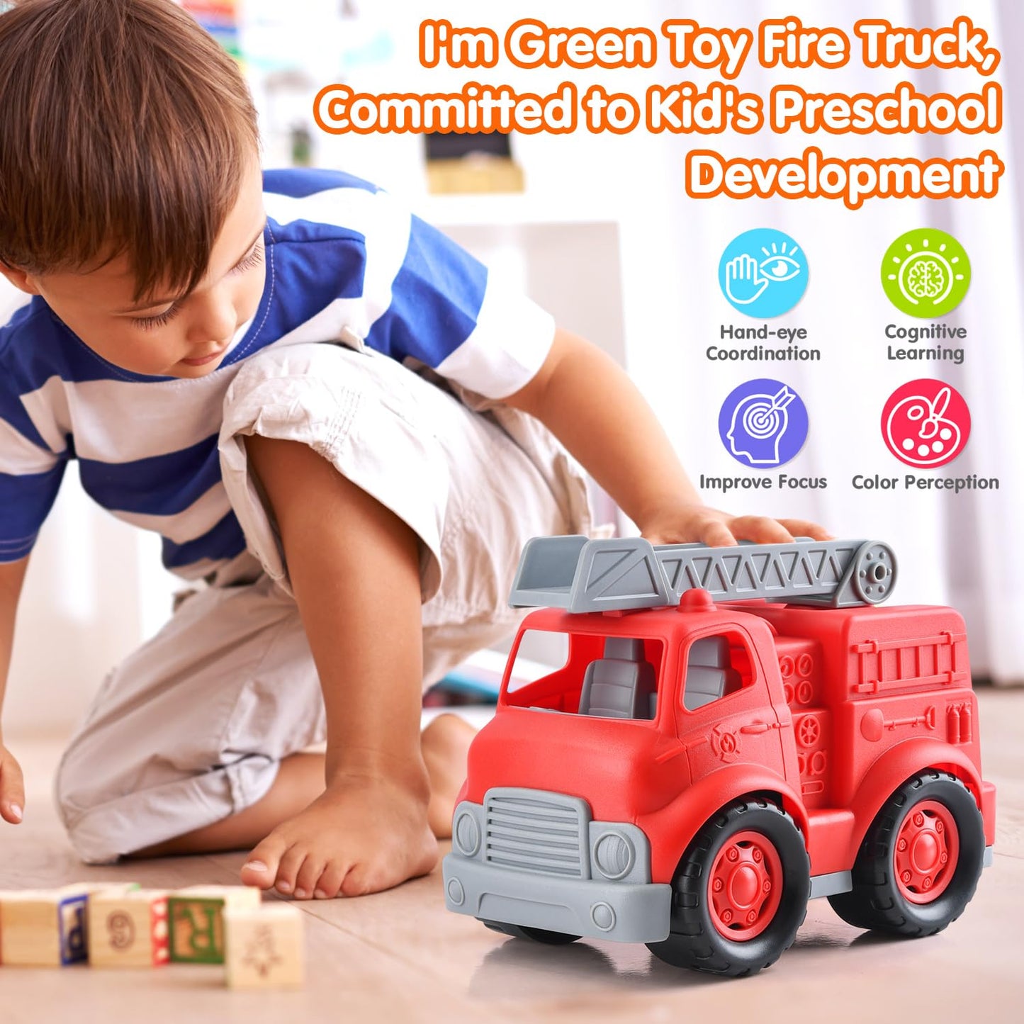 PLAY Eco-Friendly Fire Trucks, [USDA Certified] No BPA/Phthalate/PVC, Recycled Bioplastic Ladder Fire Engine Toy Gift for Boy Gi