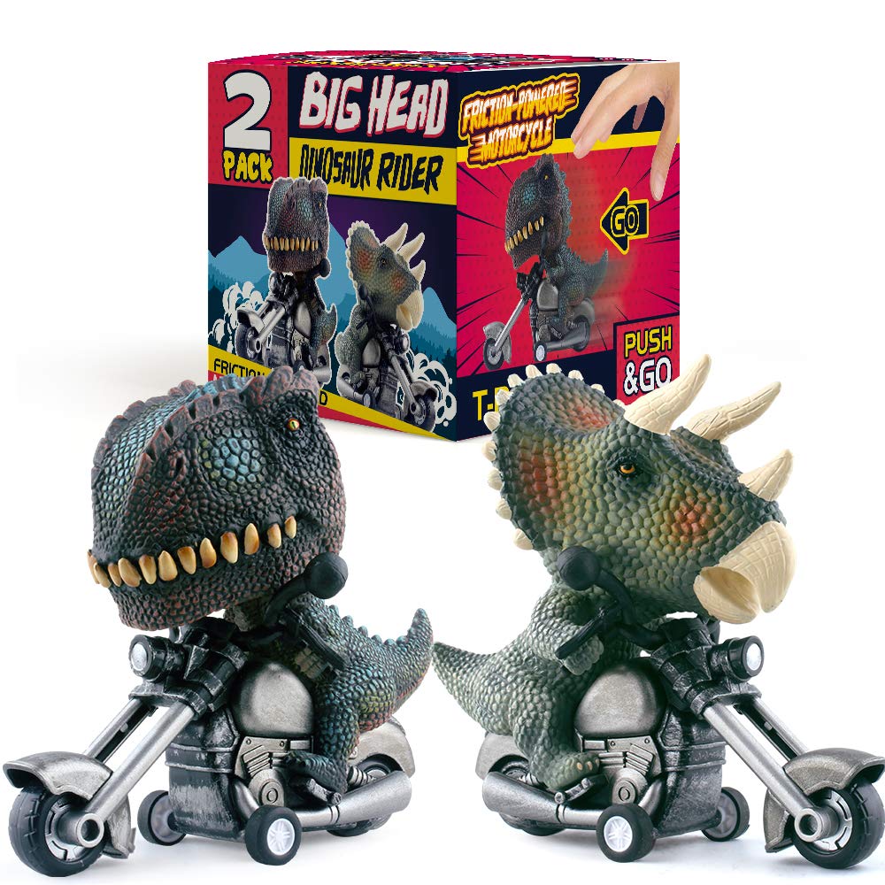 Dinobros Dinosaur Toy Cars 2 Pack Friction Powered Motorcycle Game T-Rex And Triceratops Monster Dino Toys For Boys Age 3,4,5,6,