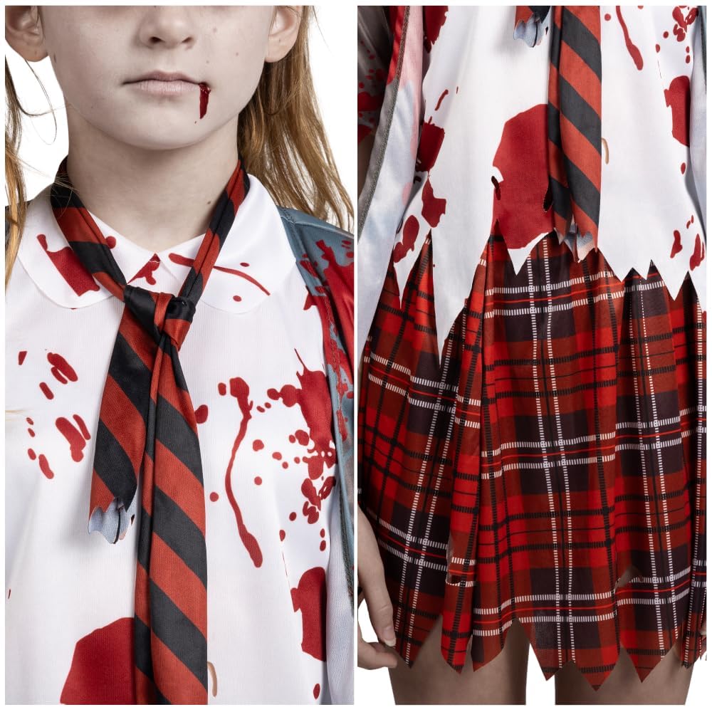 Spooktacular Creations Zombie Schoolgirl Costume  Halloween Girl Bloody Zombie Costume for Kids Halloween  School  Event Party Dress Up (Gray  Medium(8-10 yrs))