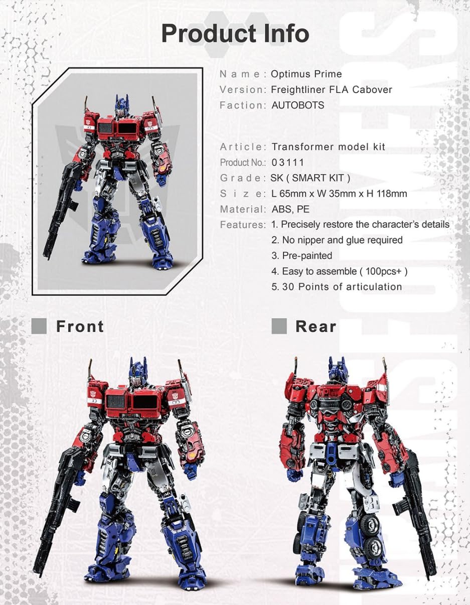 Transformers Optimus Prime Figure Model Kit - Freightliner Fla Cabover Easy To Assemble 3D Articulated Action Figure Pre Painted